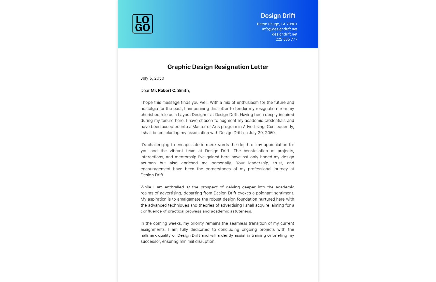 Graphic Design Resignation Letter Template