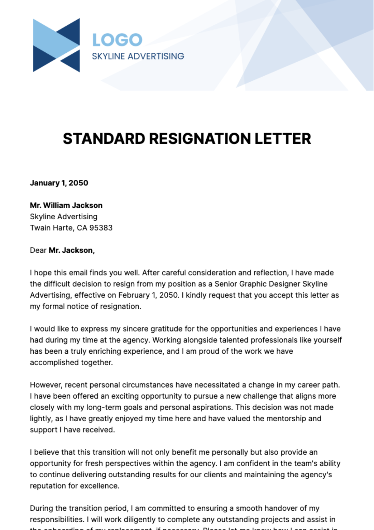 Standard Resignation Letter  Template