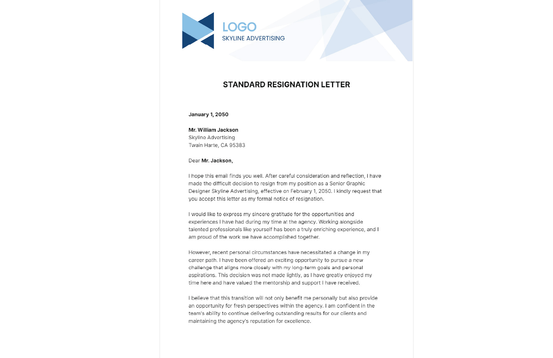 Standard Resignation Letter  Template