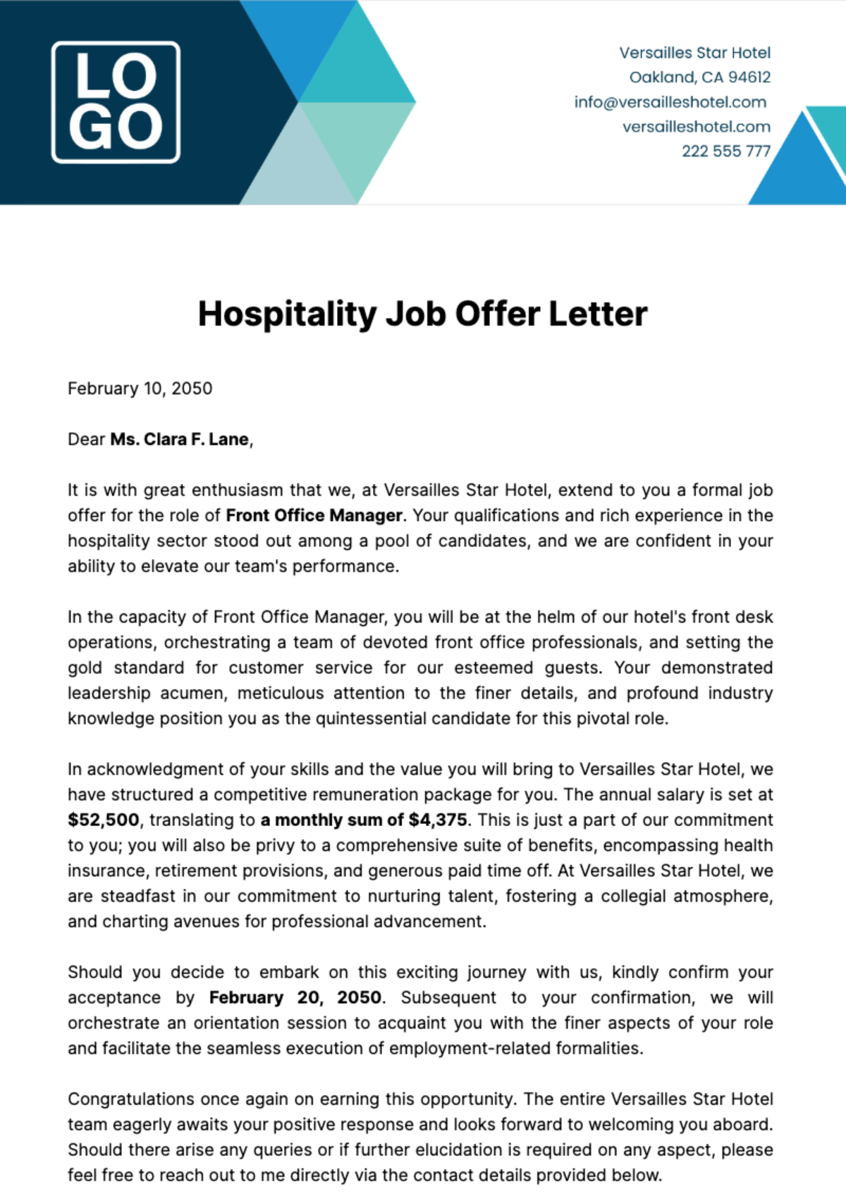 Hospitality Job Offer Letter  Template
