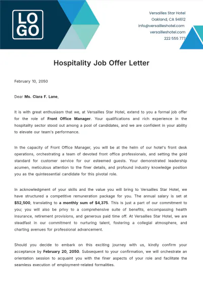 Free Hospitality Job Offer Letter  Template to Edit Online