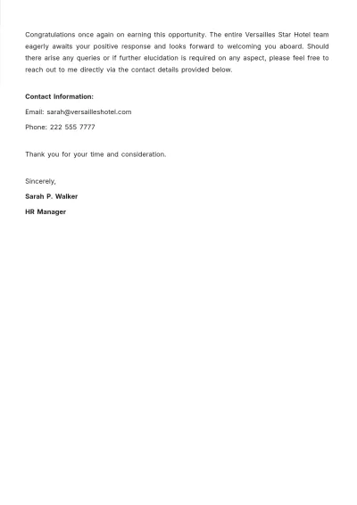 Free Hospitality Job Offer Letter  Template to Edit Online