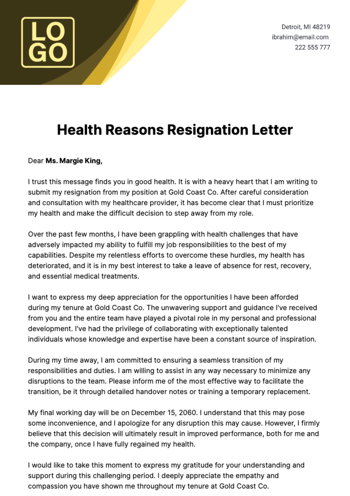 Health Reasons Resignation Letter  Template