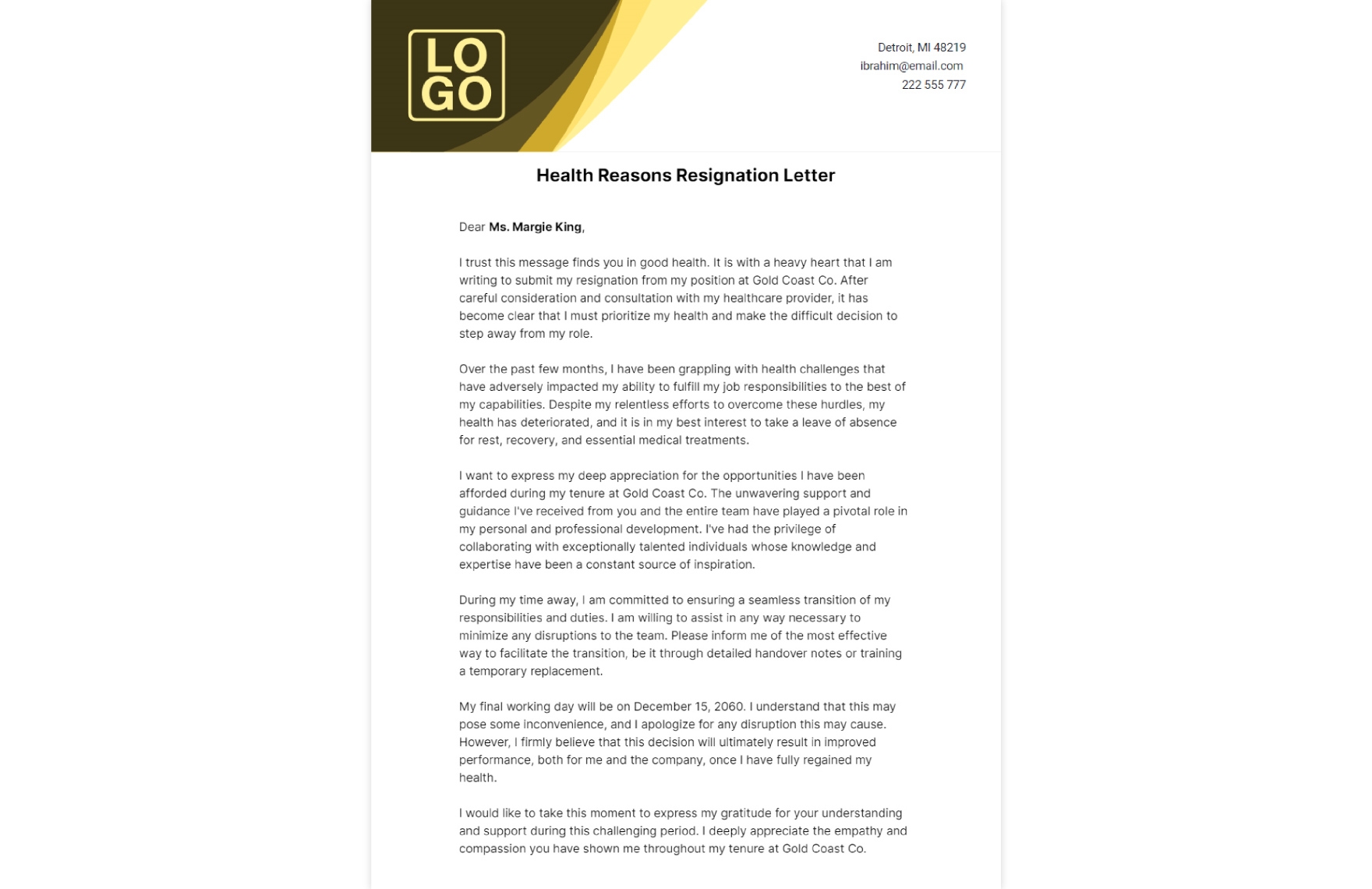 Health Reasons Resignation Letter  Template