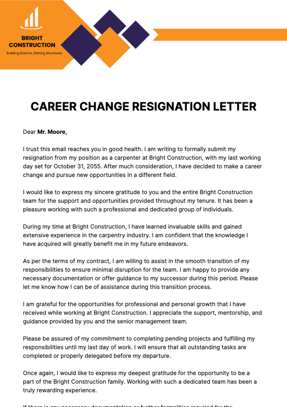 Career Change Resignation Letter  Template