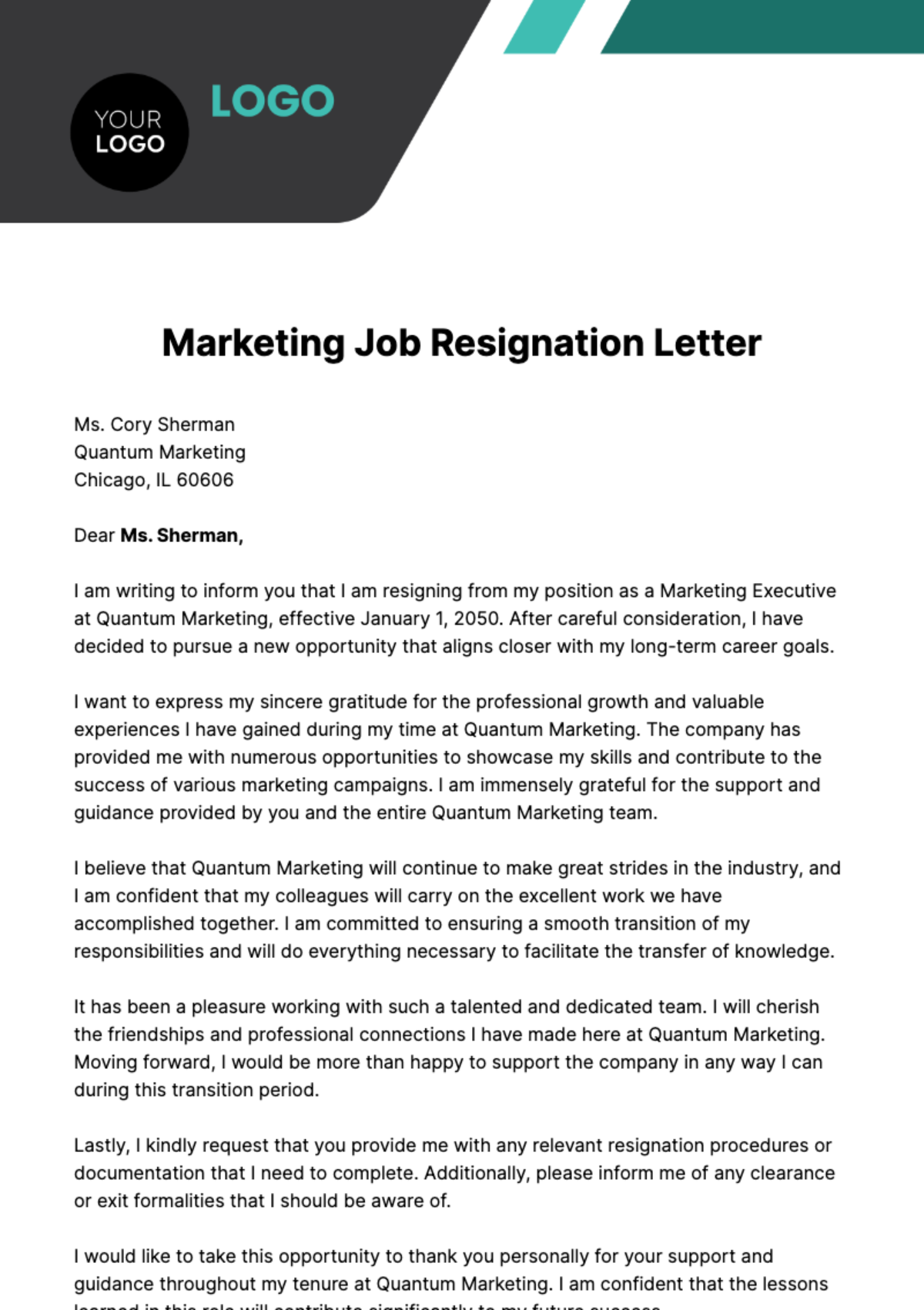 Marketing Job Resignation Letter  Template