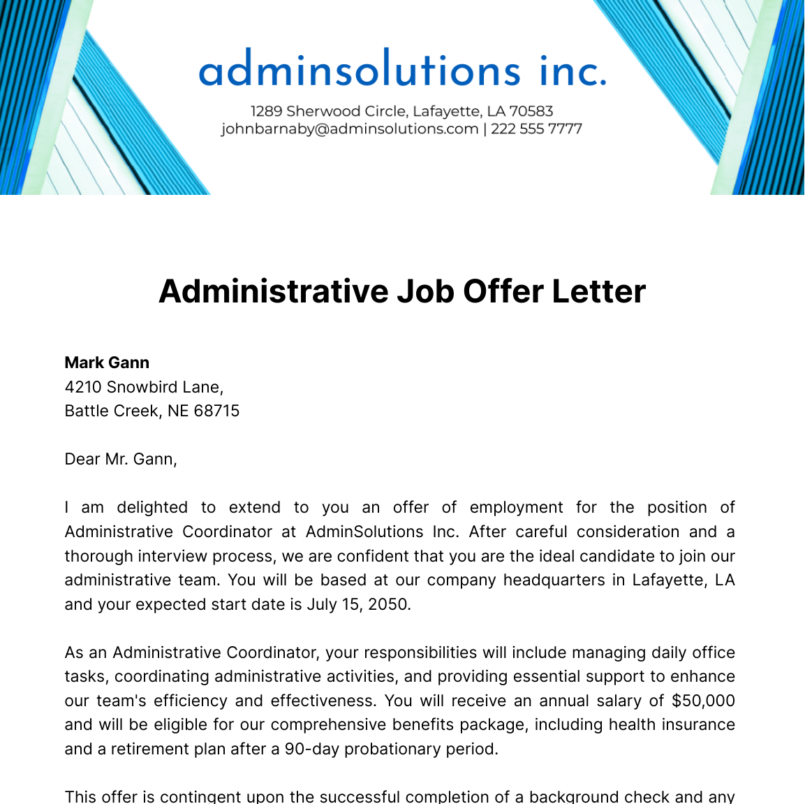 Administrative Job Offer Letter  Template