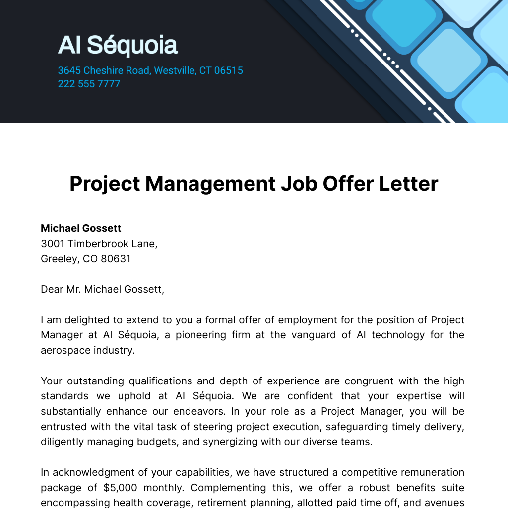 Project Management Job Offer Letter  Template