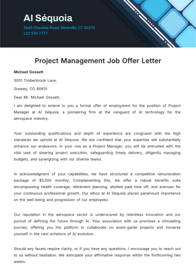 Free Project Management Job Offer Letter  Template to Edit Online