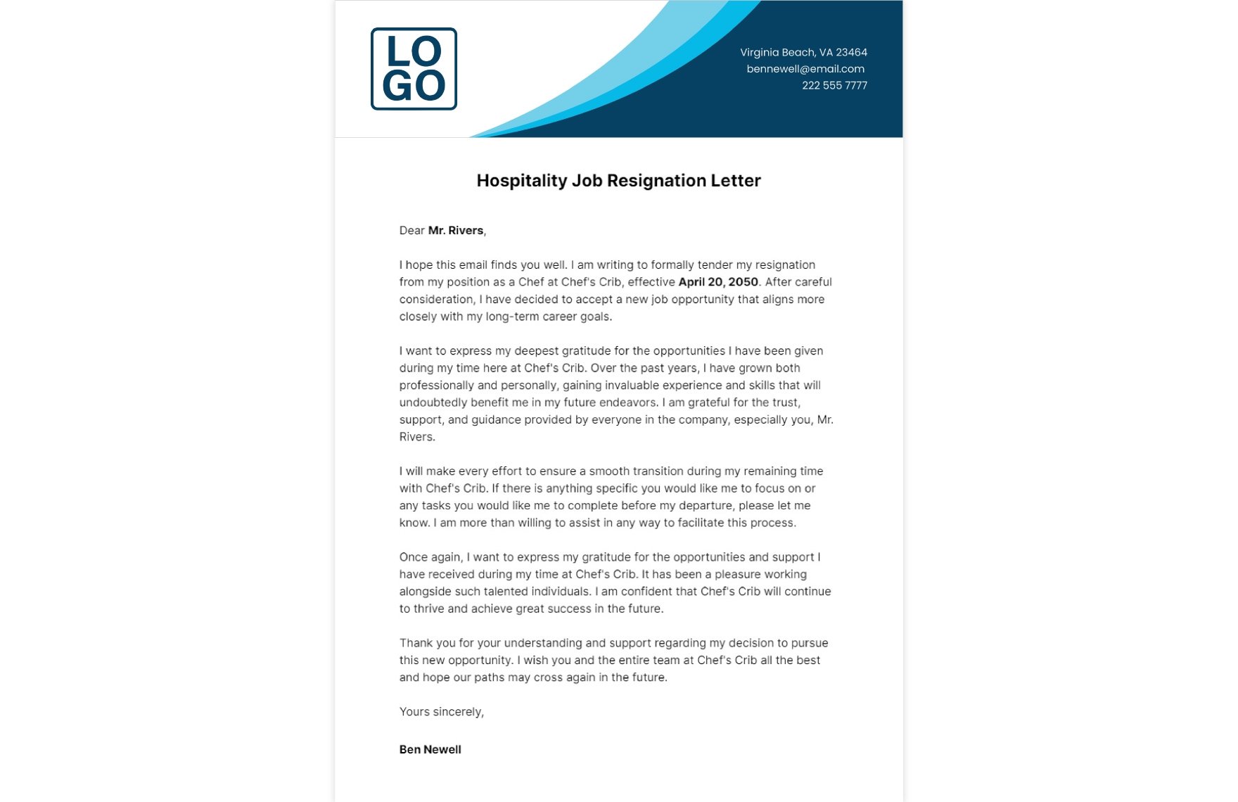 Hospitality Job Resignation Letter Template