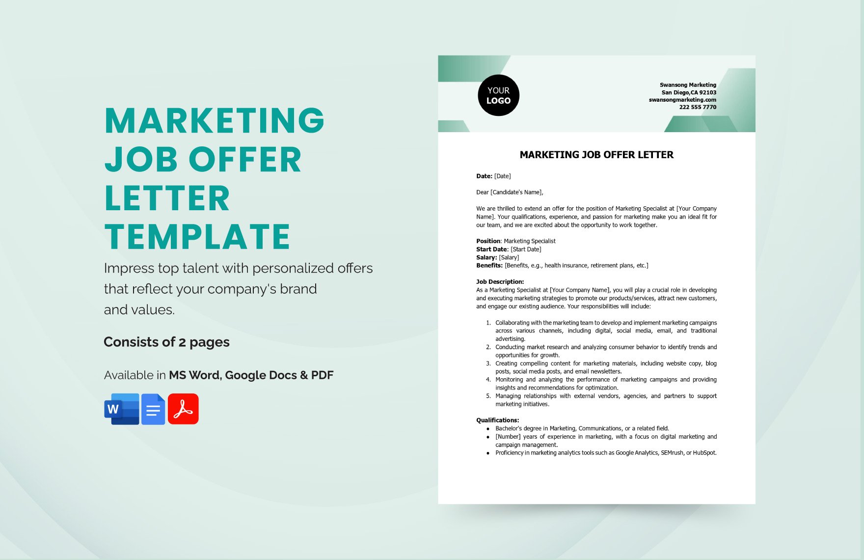 Marketing Job Offer Letter Template in Word, Google Docs, PDF