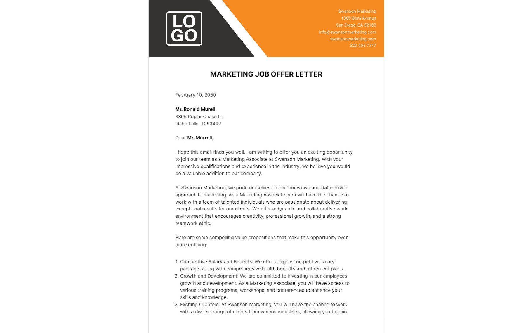 Marketing Job Offer Letter Template