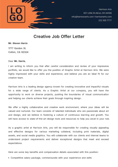 Free Creative Job Offer Letter  Template to Edit Online