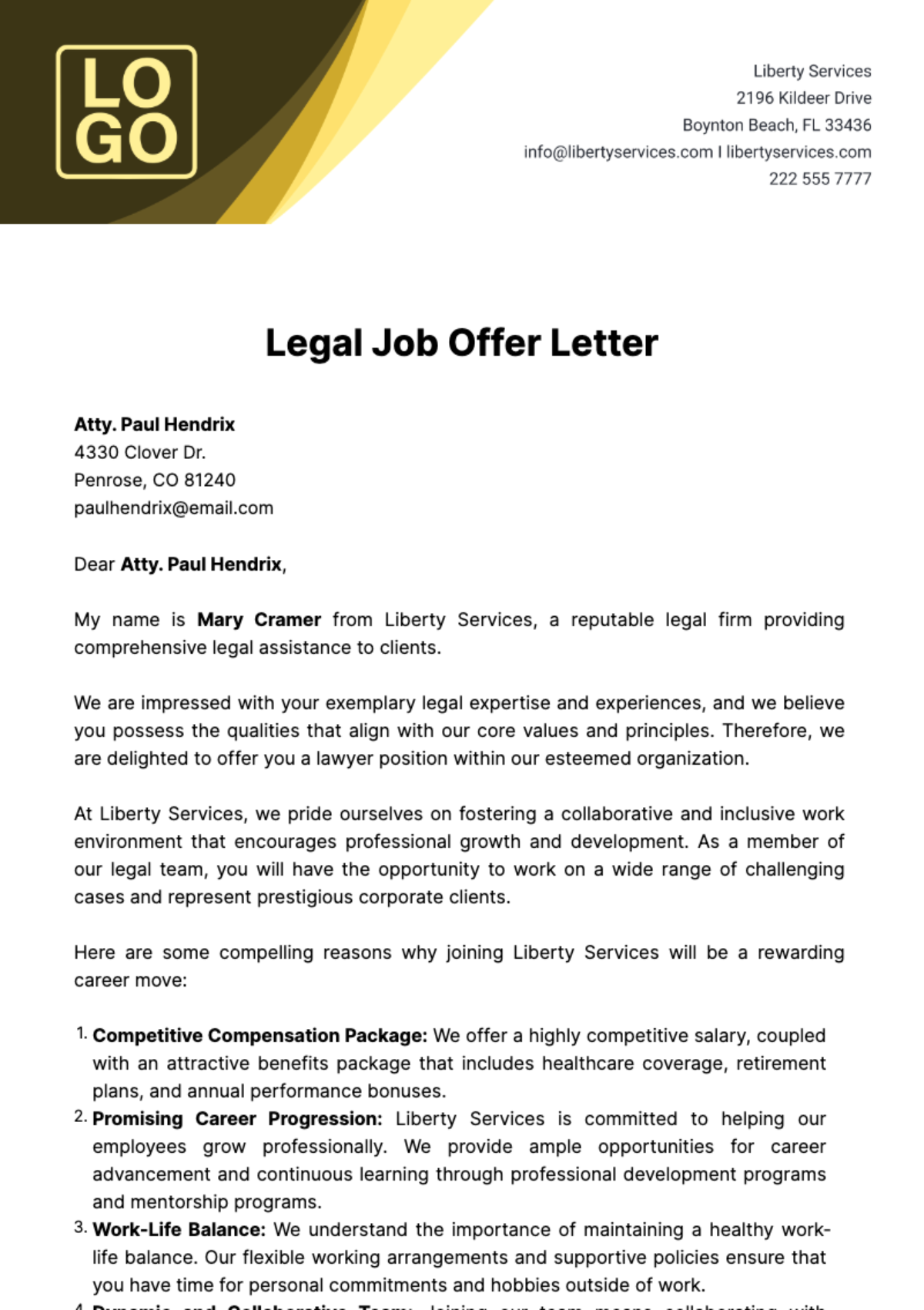 Legal Job Offer Letter  Template