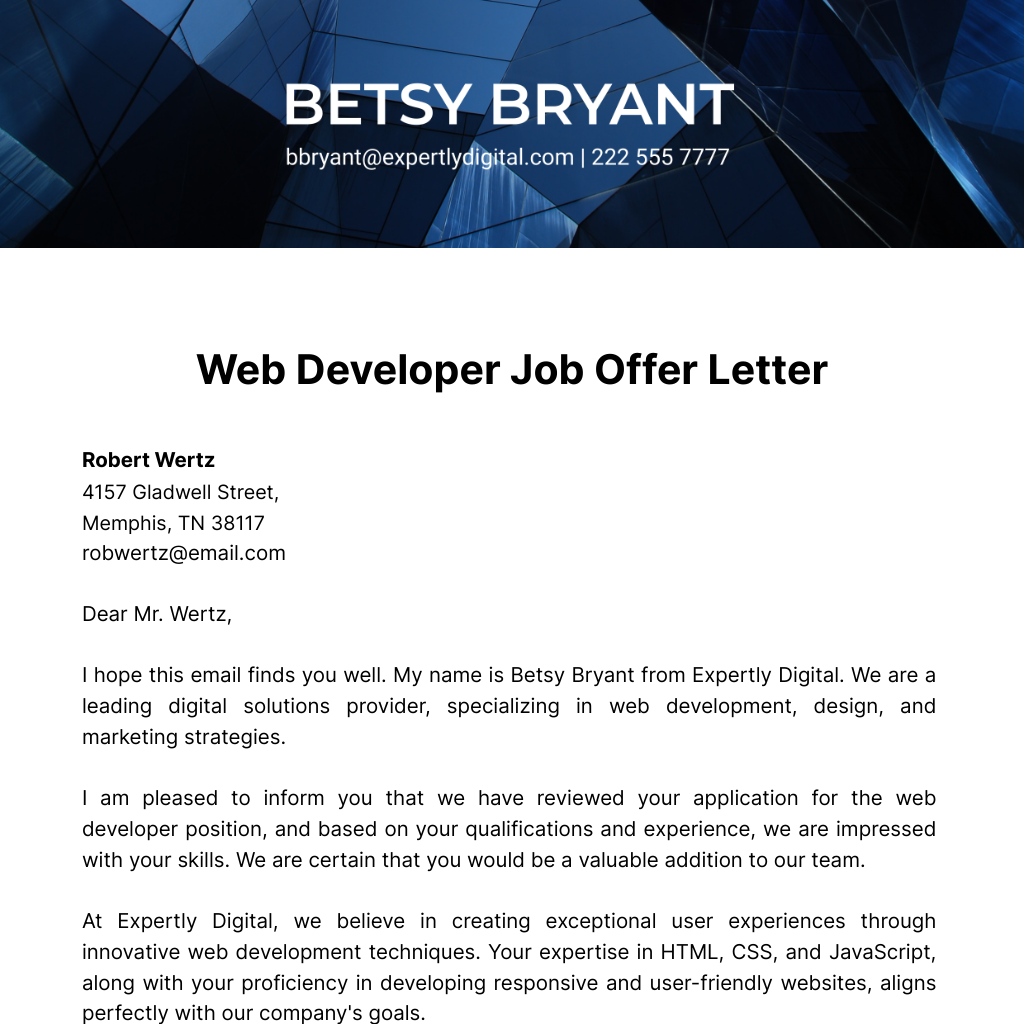 Web Developer Job Offer Letter  Template
