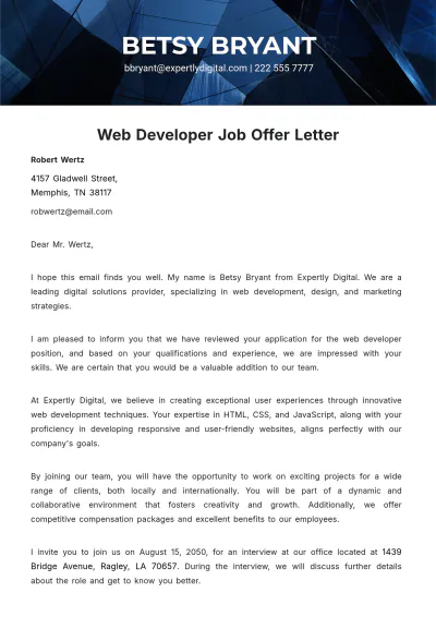 Free Web Developer Job Offer Letter  Template to Edit Online