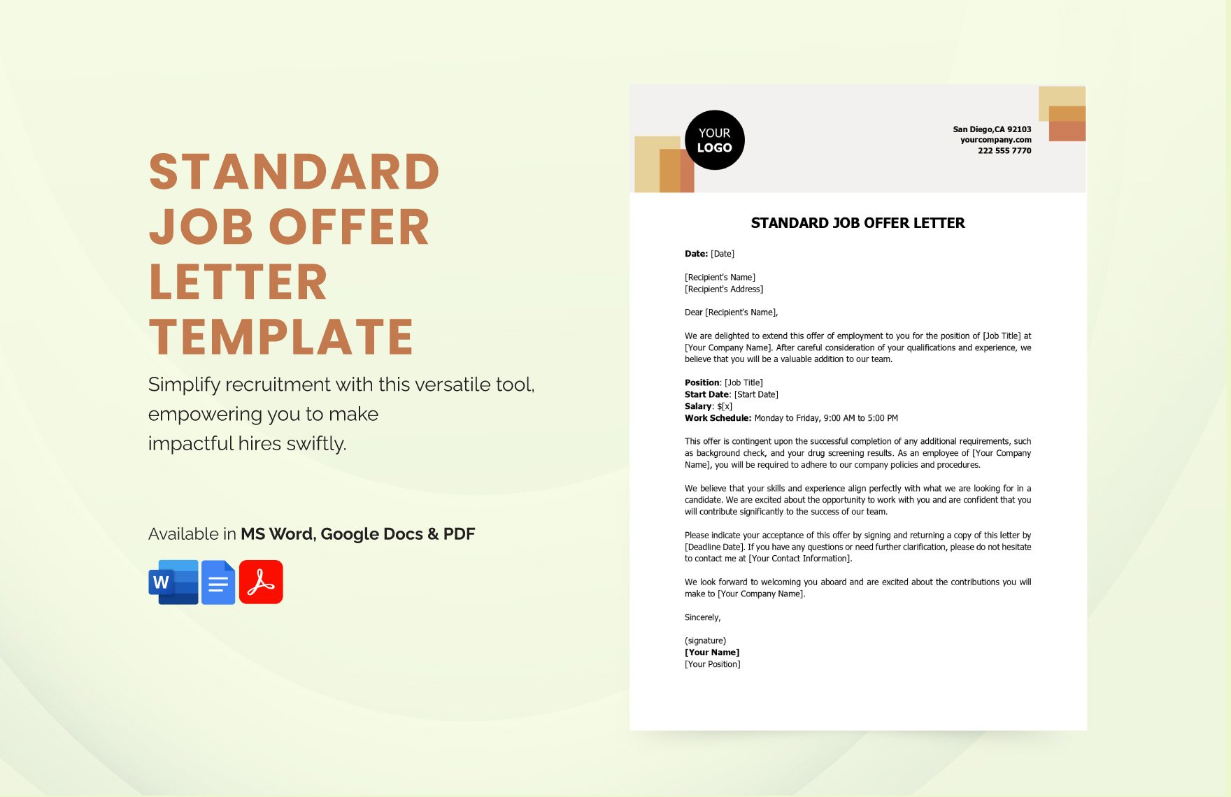 Standard Job Offer Letter Template in Word, Google Docs, PDF