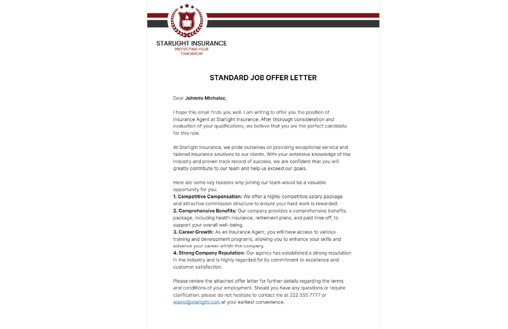 Standard Job Offer Letter Template