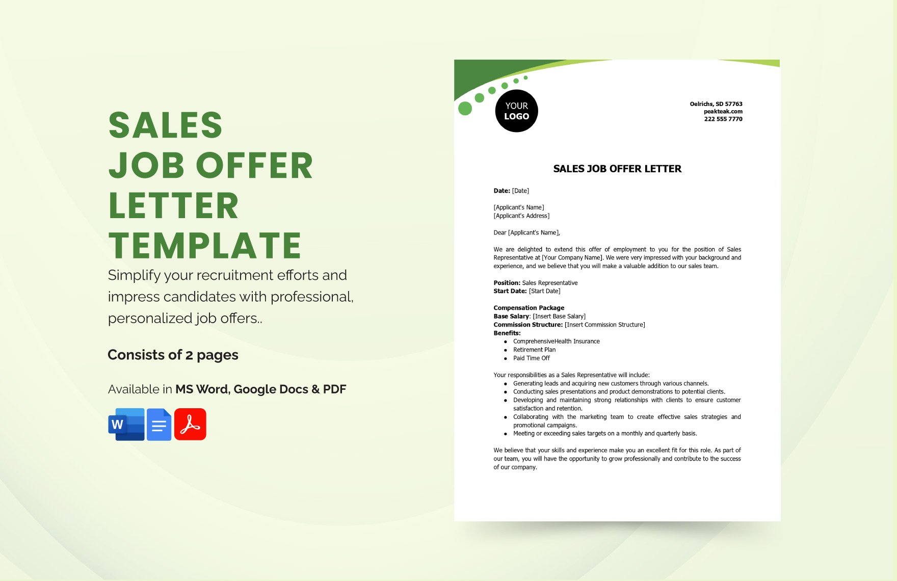 Sales Job Offer Letter Template in Word, Google Docs, PDF
