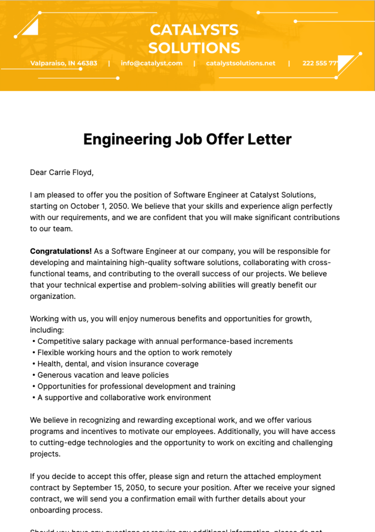 Free Engineering Job Offer Letter  Template