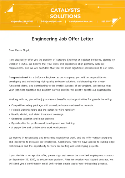 Free Engineering Job Offer Letter  Template to Edit Online