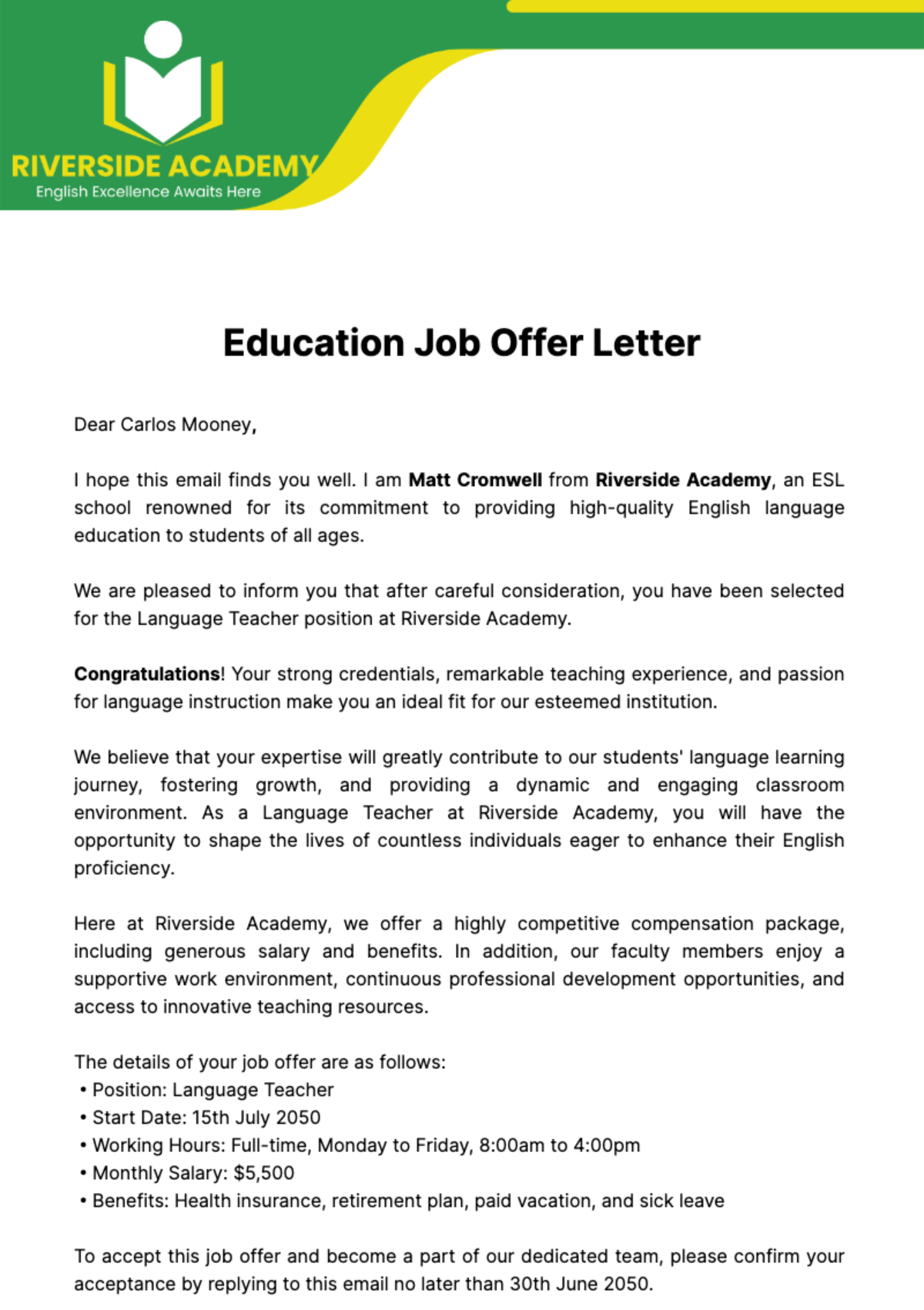 Free Education Job Offer Letter  Template