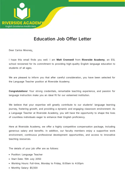 Free Education Job Offer Letter  Template to Edit Online