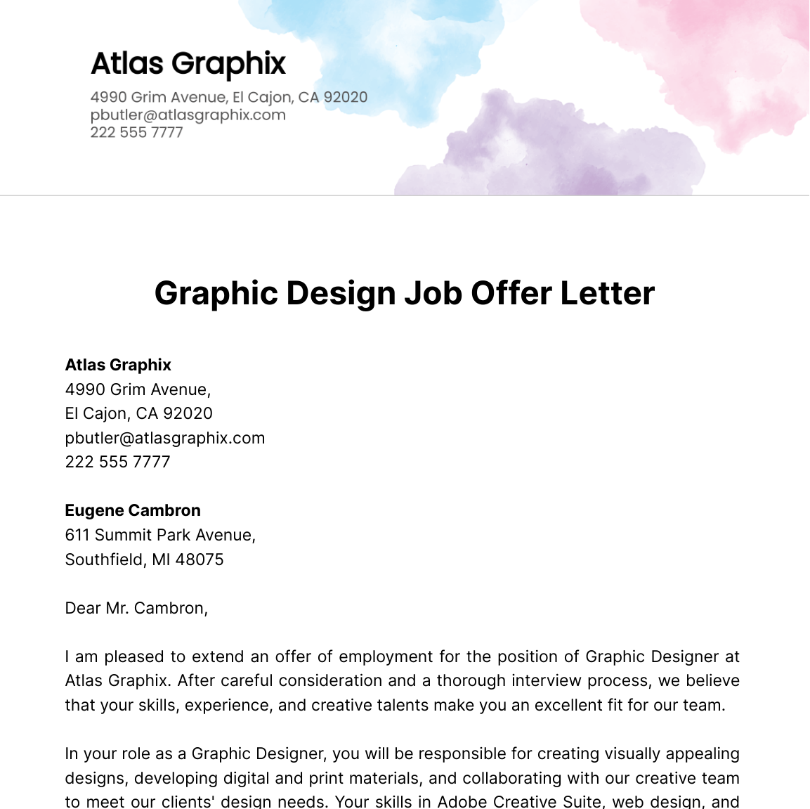 Graphic Design Job Offer Letter  Template