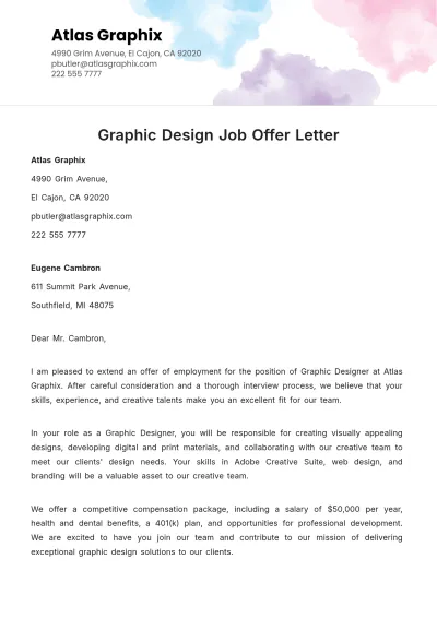 Free Graphic Design Job Offer Letter  Template to Edit Online
