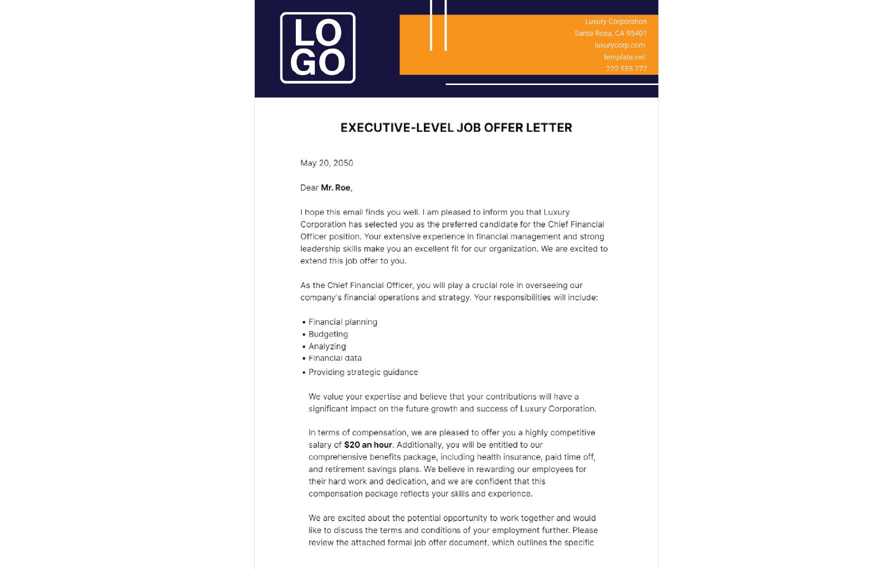 Executive-Level Job Offer Letter Template