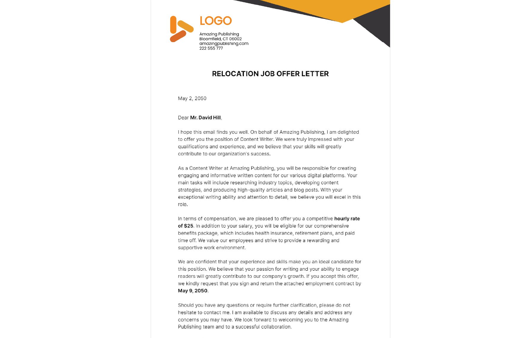 Relocation Job Offer Letter Template