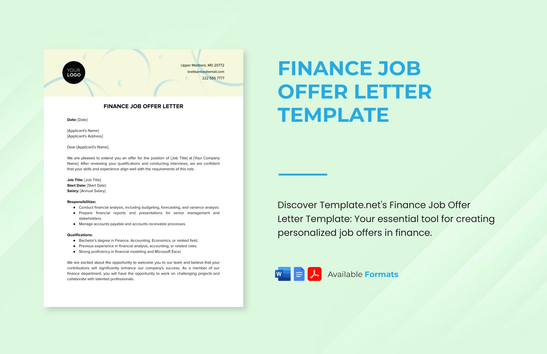 Finance Job Offer Letter Template in Word, Google Docs, PDF