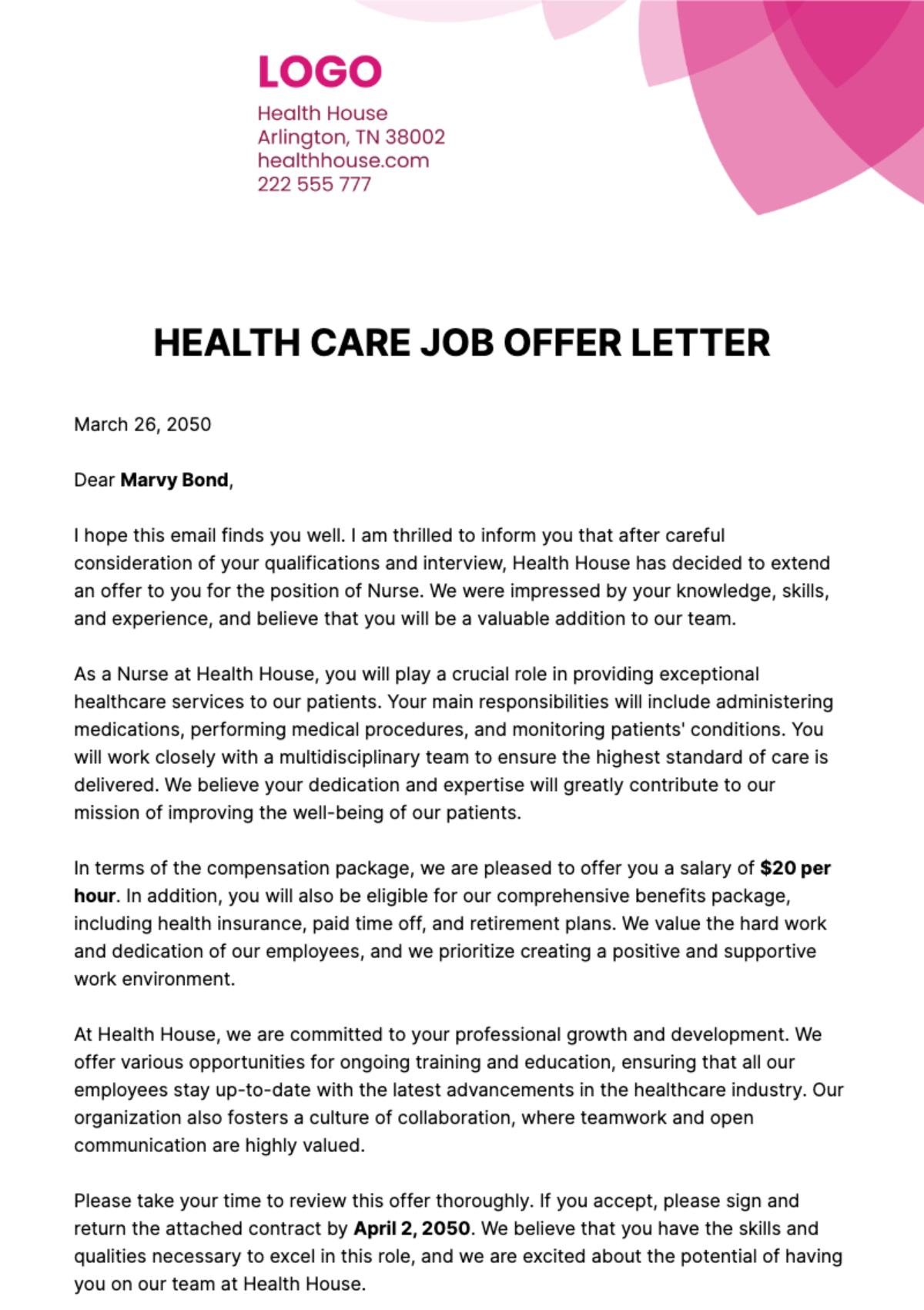 Healthcare Job Offer Letter  Template