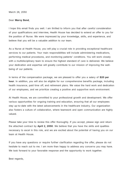 Free Healthcare Job Offer Letter  Template to Edit Online