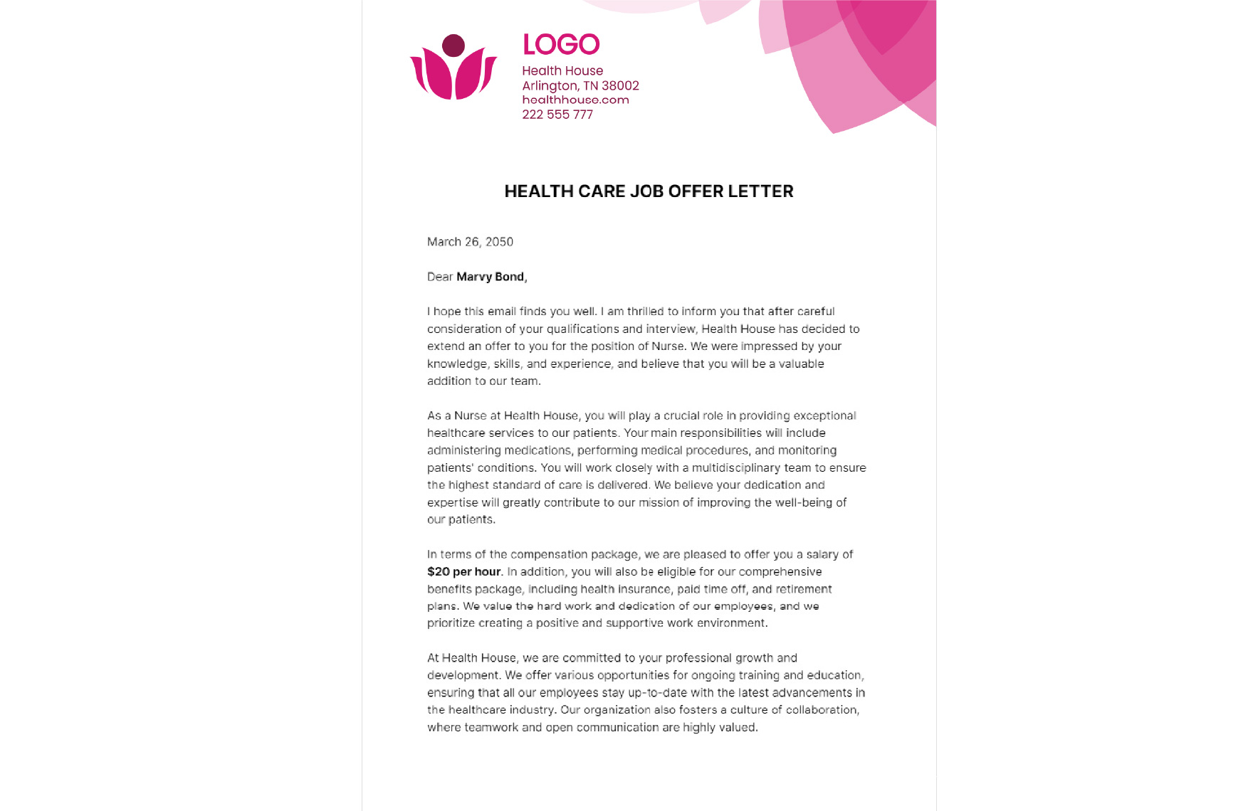 Healthcare Job Offer Letter  Template