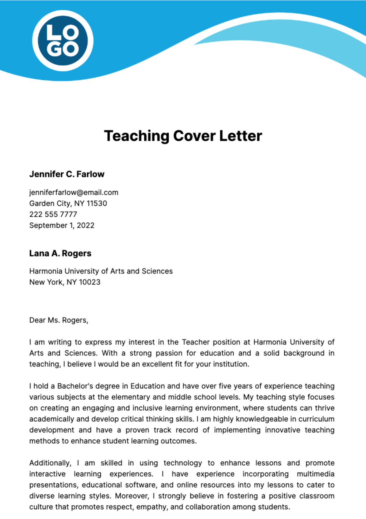 Teaching Cover Letter  Template