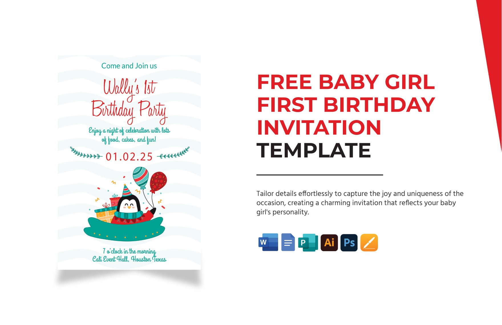 Baby Girl First Birthday Invitation Template