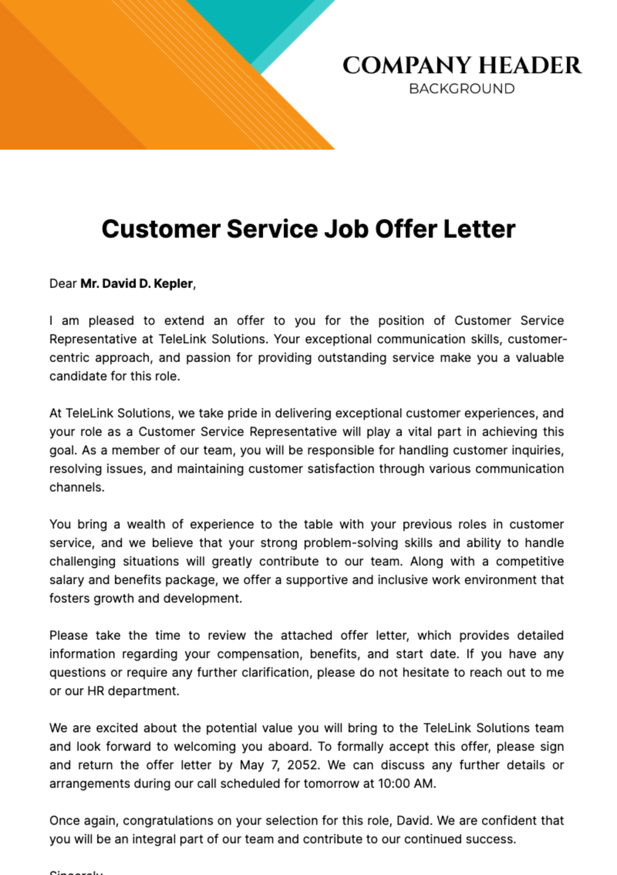 Customer Service Job Offer Letter  Template