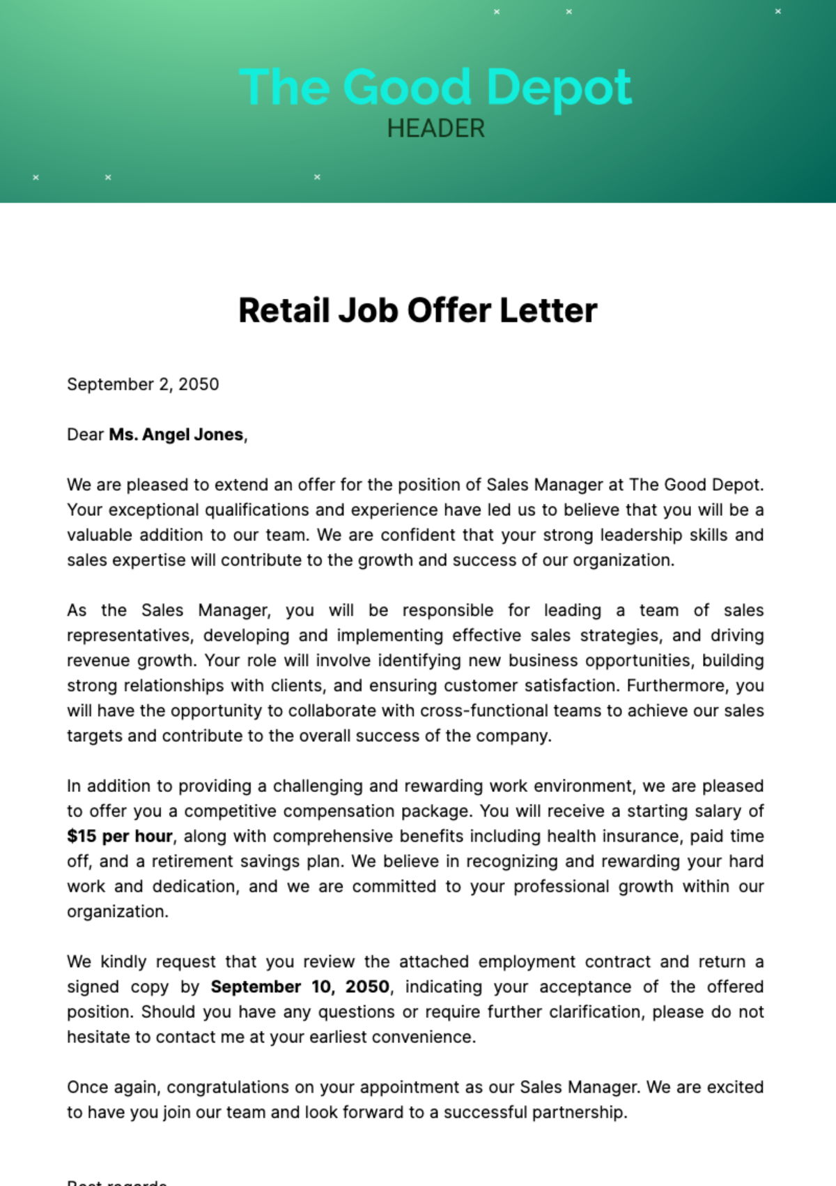 Retail Job Offer Letter  Template