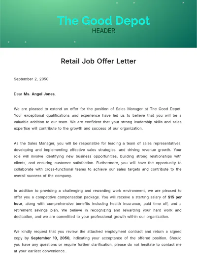Free Retail Job Offer Letter  Template to Edit Online