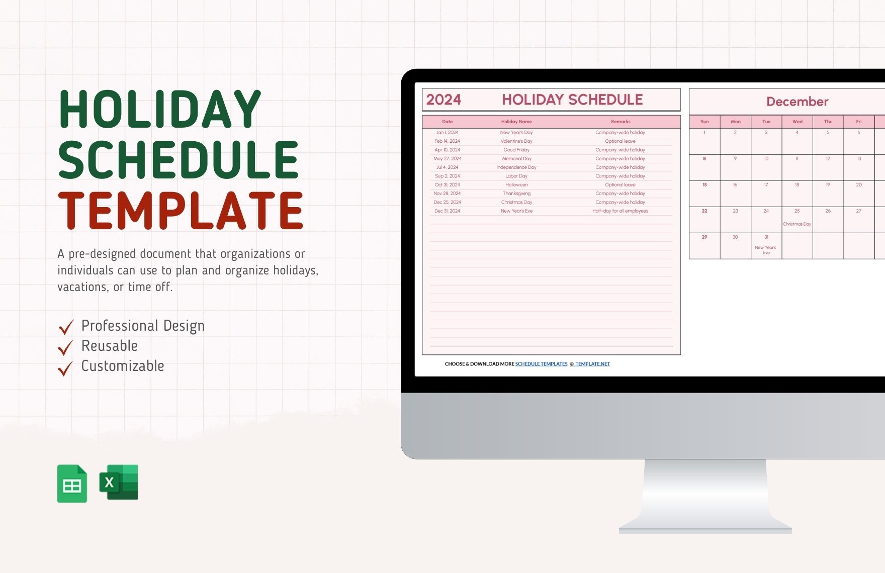 Holiday Schedule Template in Excel, Google Sheets
