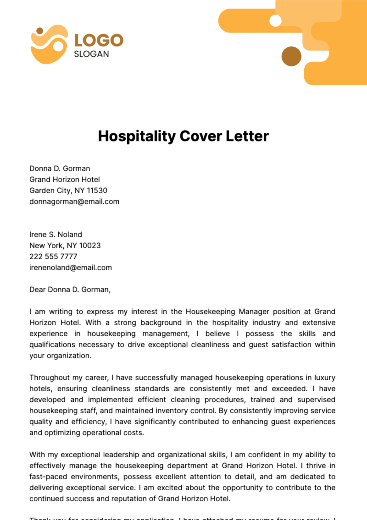 hospitality and tourism cover letter examples