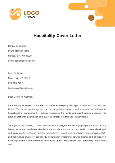 Free Hospitality Cover Letter  Template to Edit Online