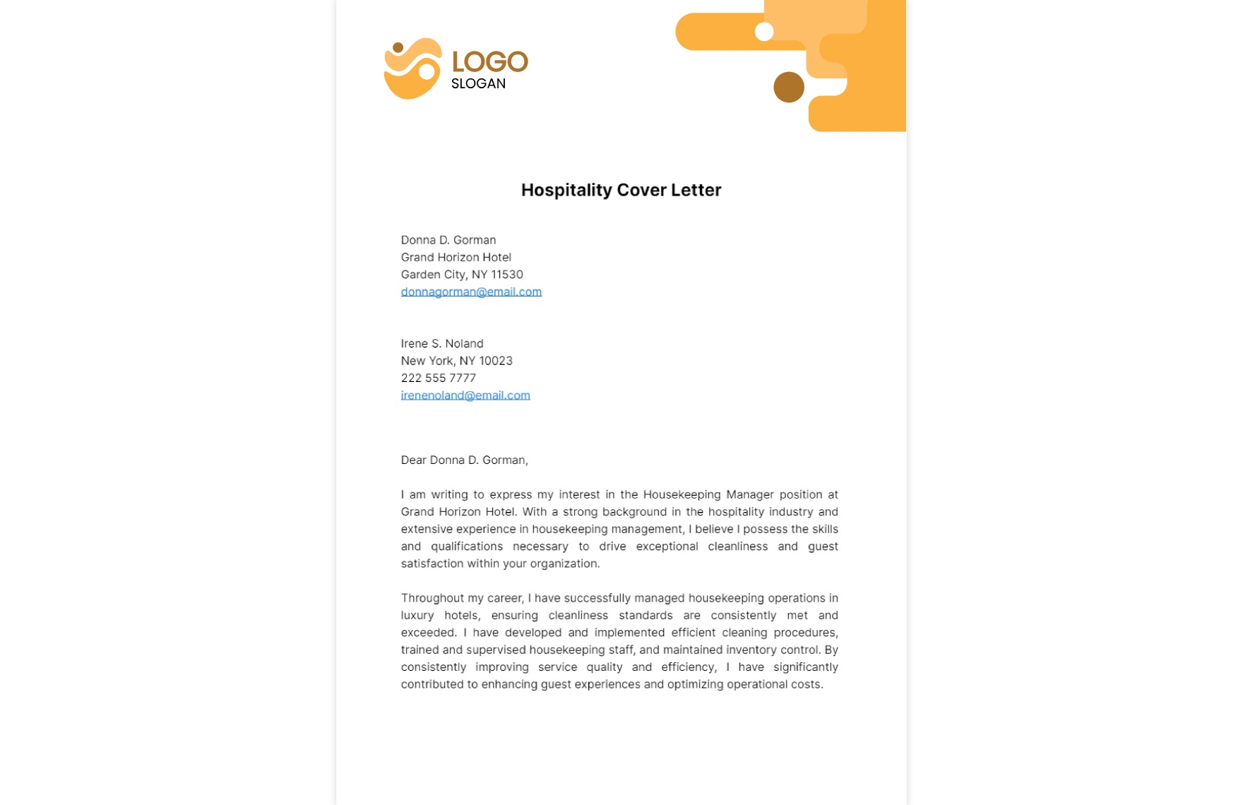 cover letter example for hospitality industry