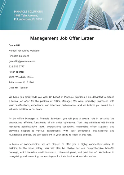 Free Management Job Offer Letter  Template to Edit Online