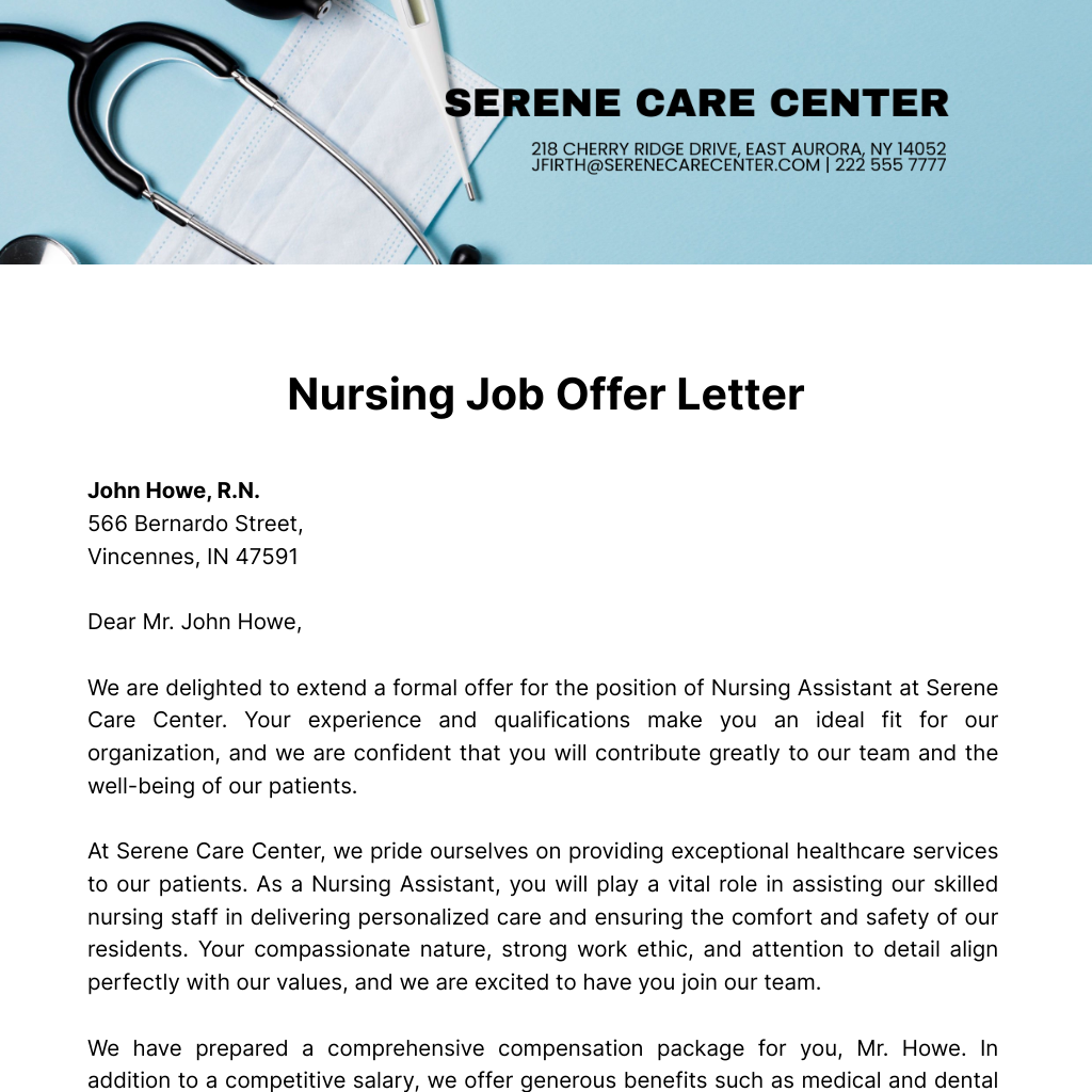 Nursing Job Offer Letter  Template