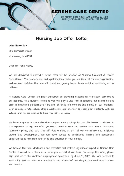 Free Nursing Job Offer Letter  Template to Edit Online