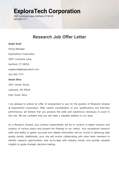 Free Research Job Offer Letter  Template to Edit Online