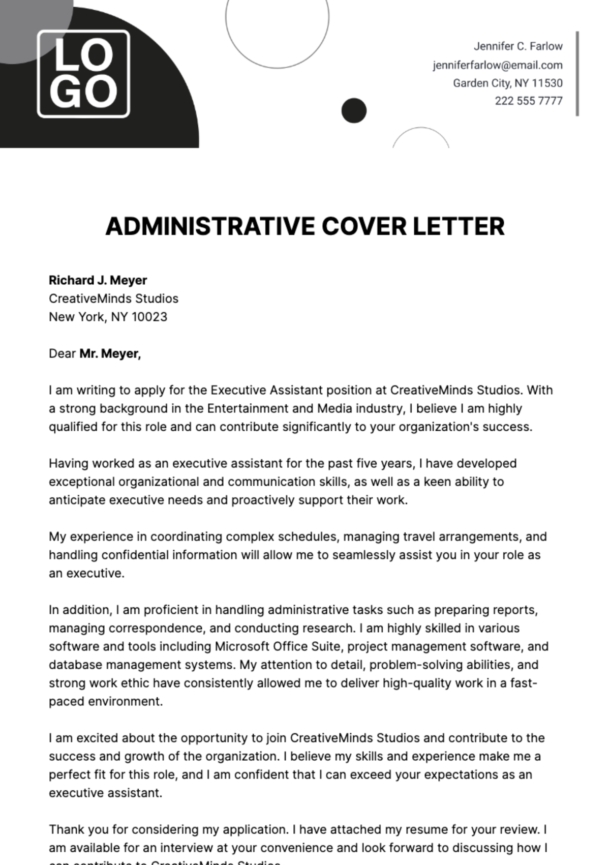 Administrative Cover Letter  Template - Edit Online & Download