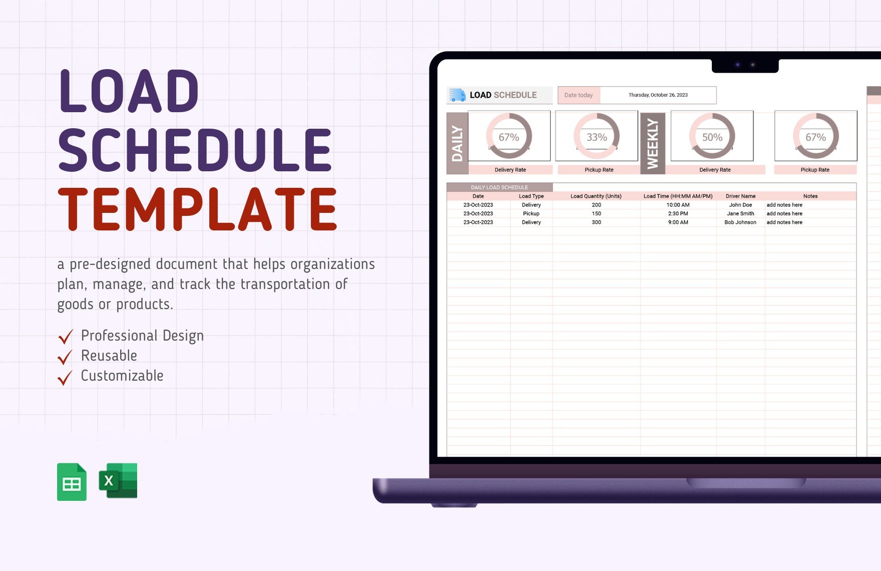 Load Schedule Template in Excel, Google Sheets